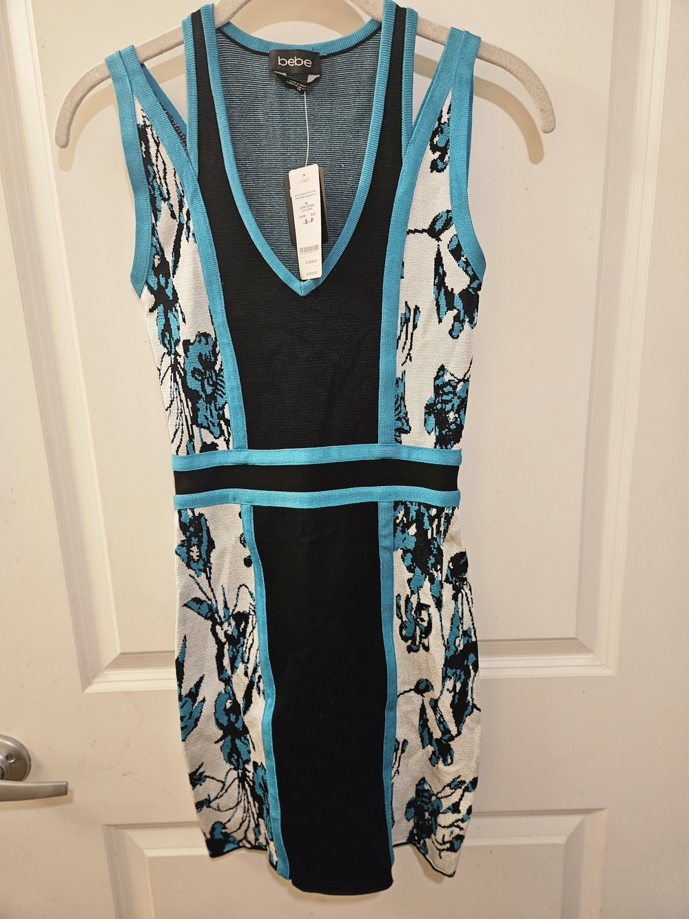 bebe Black & Teal Floral Panel Mini Dress
